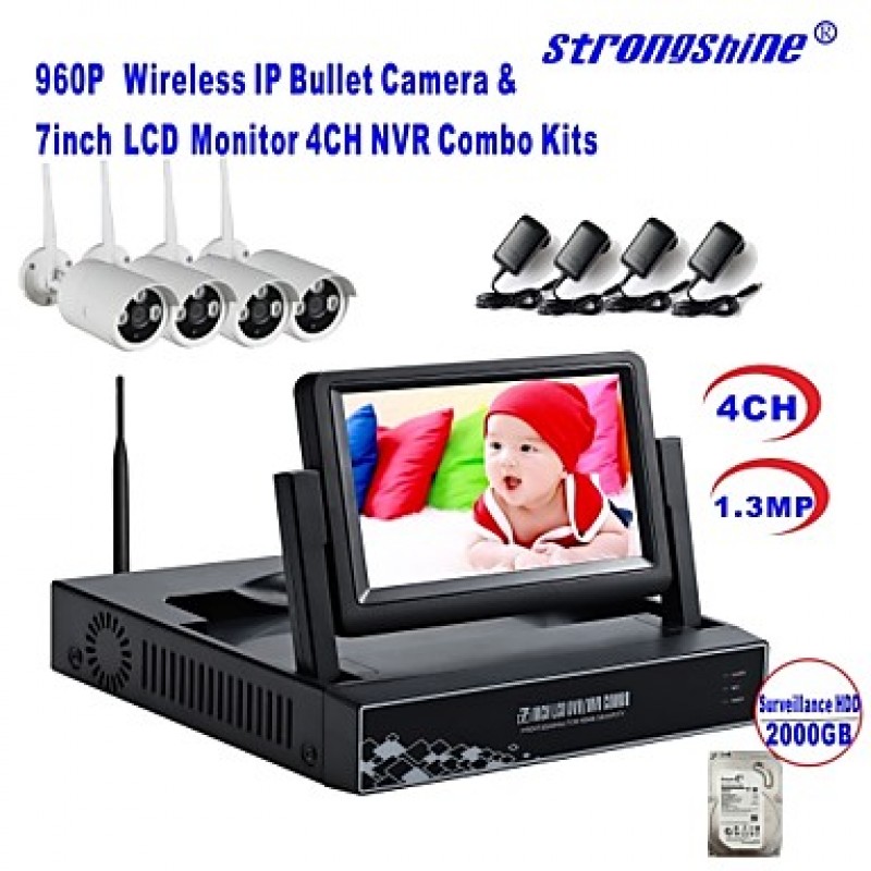 Wireless IP Camera with 960P/Infrared/Waterproof and NVR with 7Inch LCD /2TB Surveillance HDD Kits  