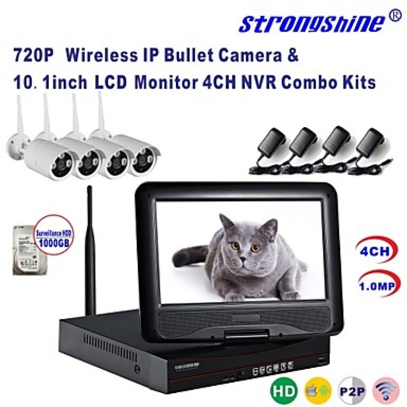 Wireless IP Camera with 720P/Infrared/Waterproof and NVR with 10.1Inch LCD /1TB Surveillance HDD Kits  