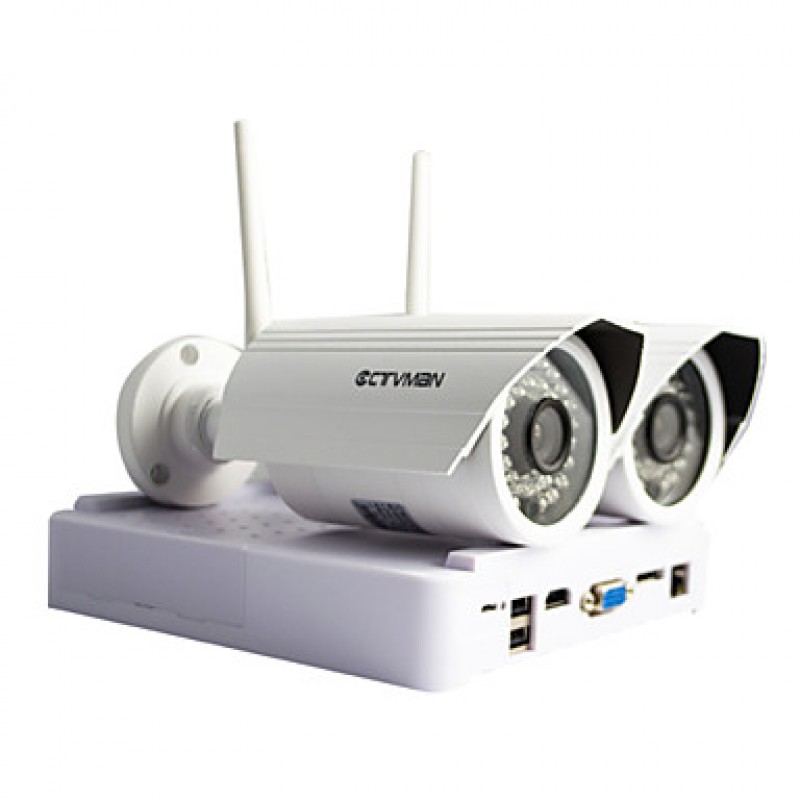 Wireless WIFI IP Camera DIY NVR Kit HD 720P 2pcs 1MP Bullet Outdoor Cams +1pc 4CH Mini NVR  