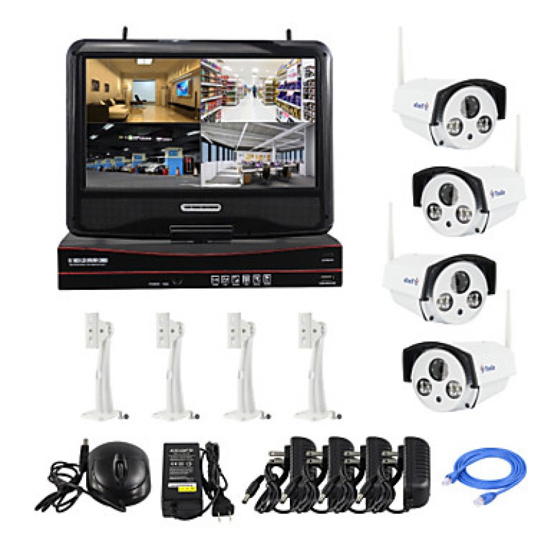 10-inch Wireless Plug and Play HD 4-CH Surveillance P2P 720P Home Bullet Security Camera NVR Kit CCTV System  