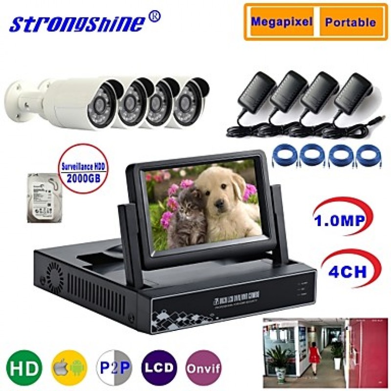 IP Camera with 720P/Infrared/Water-proof And 4CH NVR with 7Inch LCD/2TB Surveillance HDD Combo Kits  