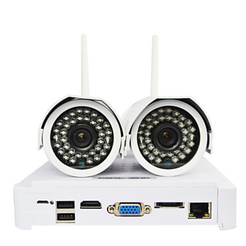 Wireless WIFI IP Camera DIY NVR Kit HD 720P 2pcs 1MP Bullet Outdoor Cams +1pc 4CH Mini NVR  